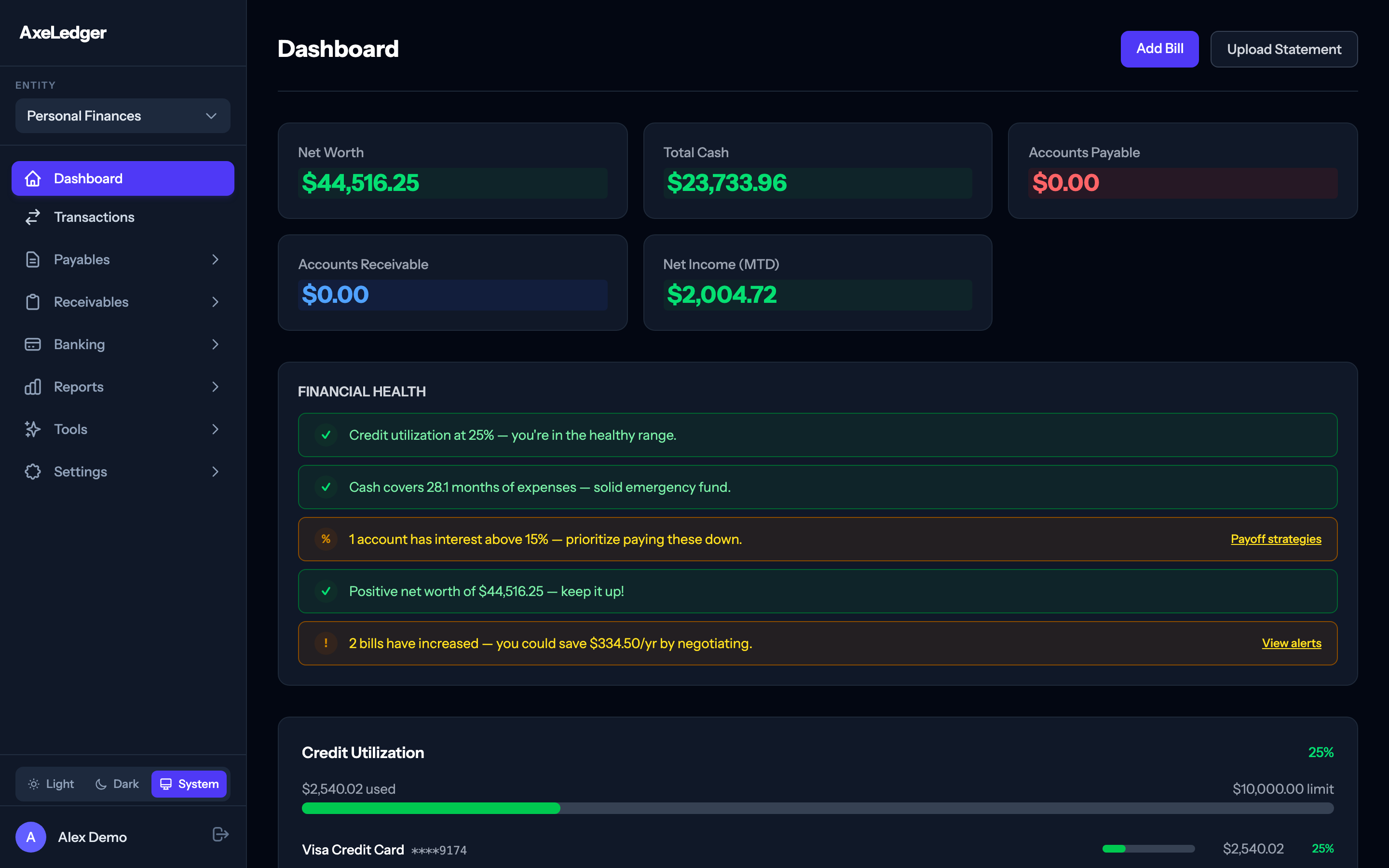 AxeLedger Dashboard — Net worth, cash flow, financial health insights